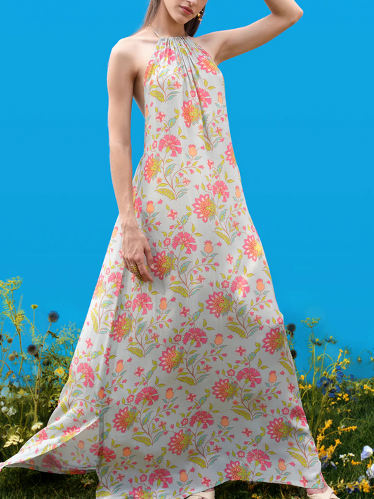 Neckholder-Maxikleid mit handgezeichneten Drucken