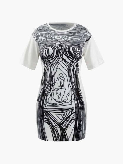 Kurzärmliges Minikleid mit abstraktem Liniendruck 