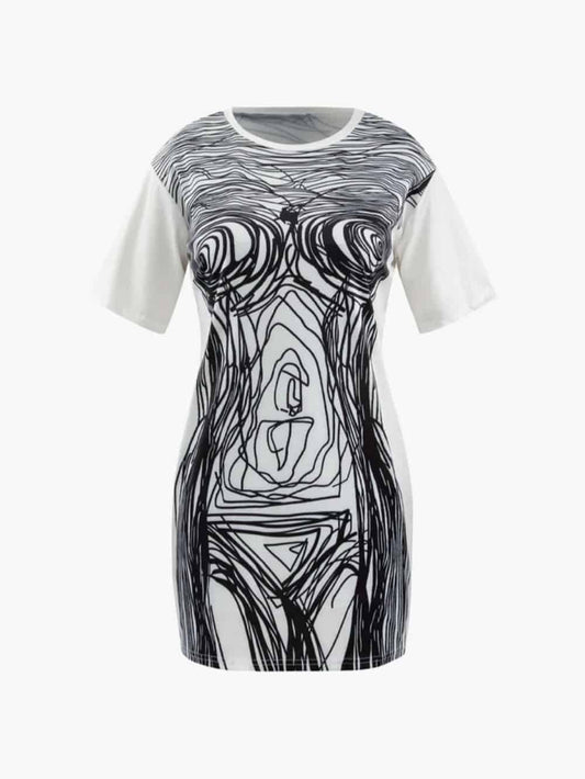 Kurzärmliges Minikleid mit abstraktem Liniendruck 