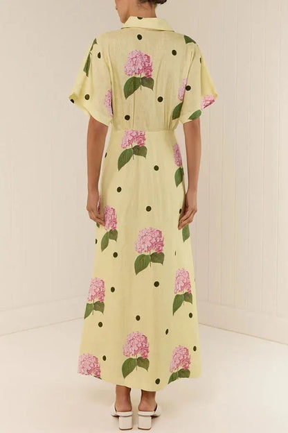 Jasmine – Maxikleid aus Leinenmischung mit Blumenmuster und Punkten und weiten Ärmeln