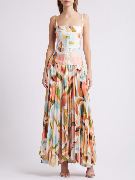 Einzigartiges, plissiertes Maxikleid mit offenem Rücken und abstraktem Print