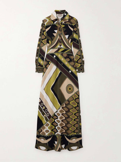 Retro Persönlichkeit Abstrakter Druck Langarm Maxikleid