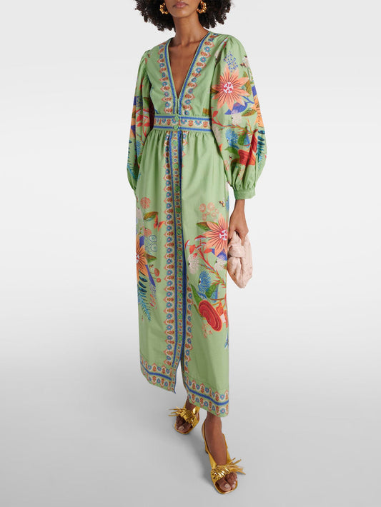 Einreihiges Midikleid mit zartem Blumenmuster und V-Ausschnitt