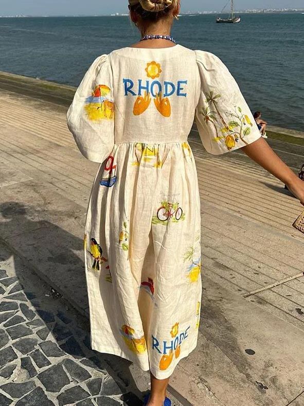 Einzigartiges Urlaubs-Midikleid mit Puffärmeln und Folk-Blumendruck