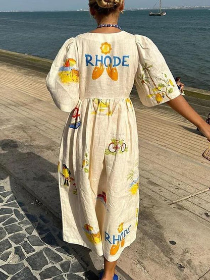 Einzigartiges Urlaubs-Midikleid mit Puffärmeln und Folk-Blumendruck