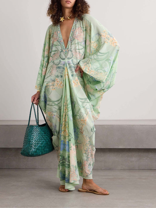 Einzigartiges, übergroßes Midikleid mit Blumenmuster und V-Ausschnitt