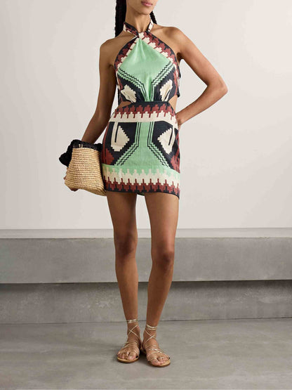 Einzigartiges rückenfreies Minikleid mit Vintage-Ethno-Print