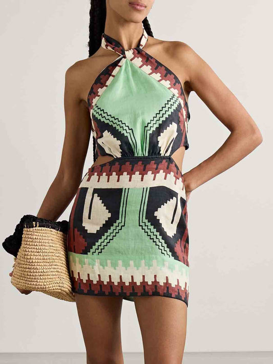 Einzigartiges rückenfreies Minikleid mit Vintage-Ethno-Print