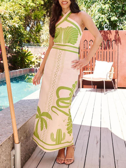 Elegantes und sexy Slim-Fit-Maxikleid mit Neckholder und ethnischem Print