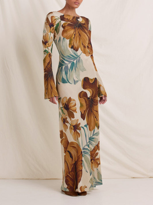 Maxikleid mit handgezeichneten botanischen Motiven