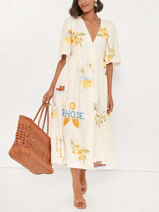 Einzigartiges Urlaubs-Midikleid mit Puffärmeln und Folk-Blumendruck